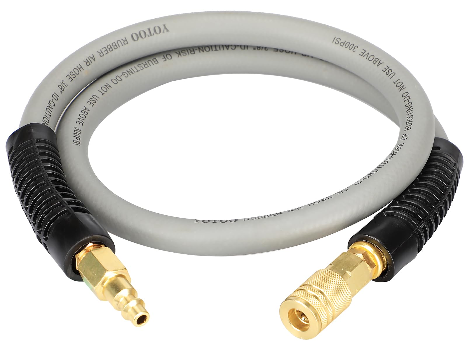 YOTOO Rubber Lead-in Air Hose 3/8-Inch by 3-Feet 300 PSI Heavy Duty, Kink Resistant, All-Weather Flexibility with 1/4-Inch Brass Male Fittings, Bend Restrictors, Gray