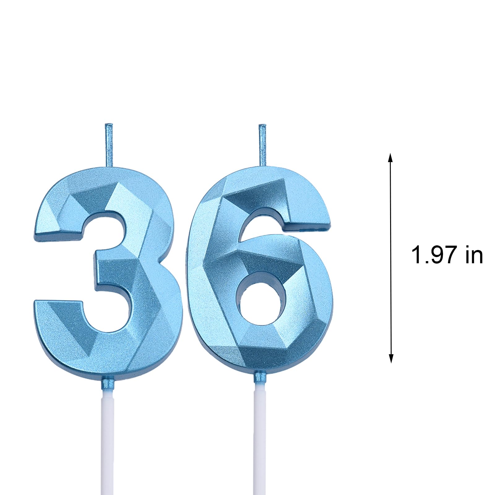 2 inch Blue 36 Birthday Candles, 3D Diamond Number 36th Cake Topper for Boys Girls Birthday Party Decorations Theme Party