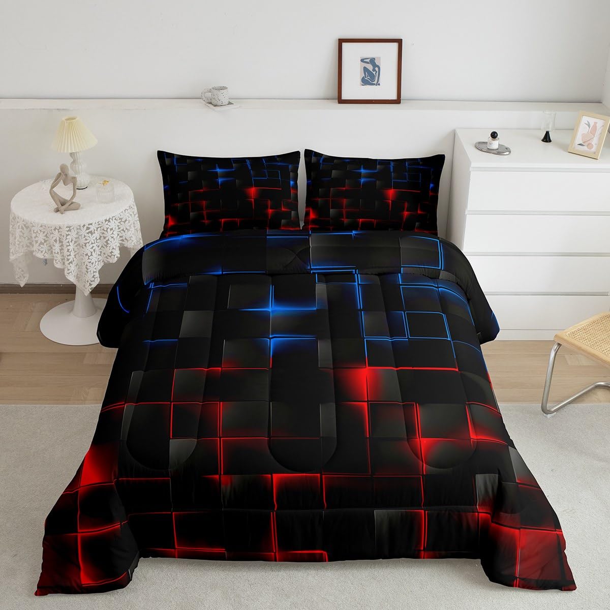 Feelyou Red Blue and Black Comforter Set Full Size Kids Light Geometric Comforter for Boys Teens Geometry Bedding Set Modern Style Duvet Set Room Decor Quilt Set