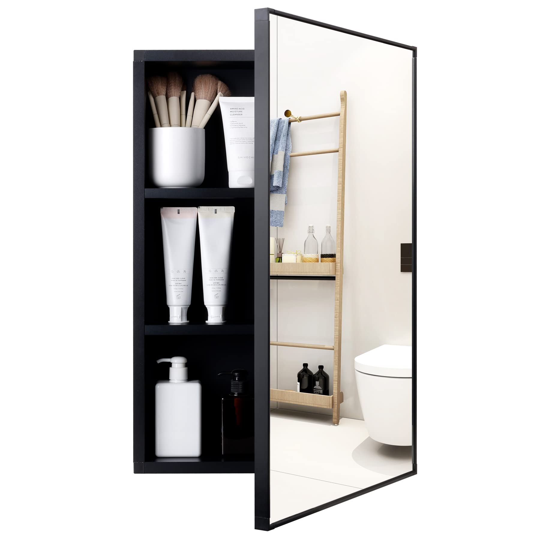 ANTIS'S HOME Medicine Cabinet, Black Bathroom Mirror with Storage, Mirror Cabinet Wall Mounted Aluminum Storage Cabinet, Rectangle Modern Vanity Cabinet, Non-recessed, 16 x 24 inch