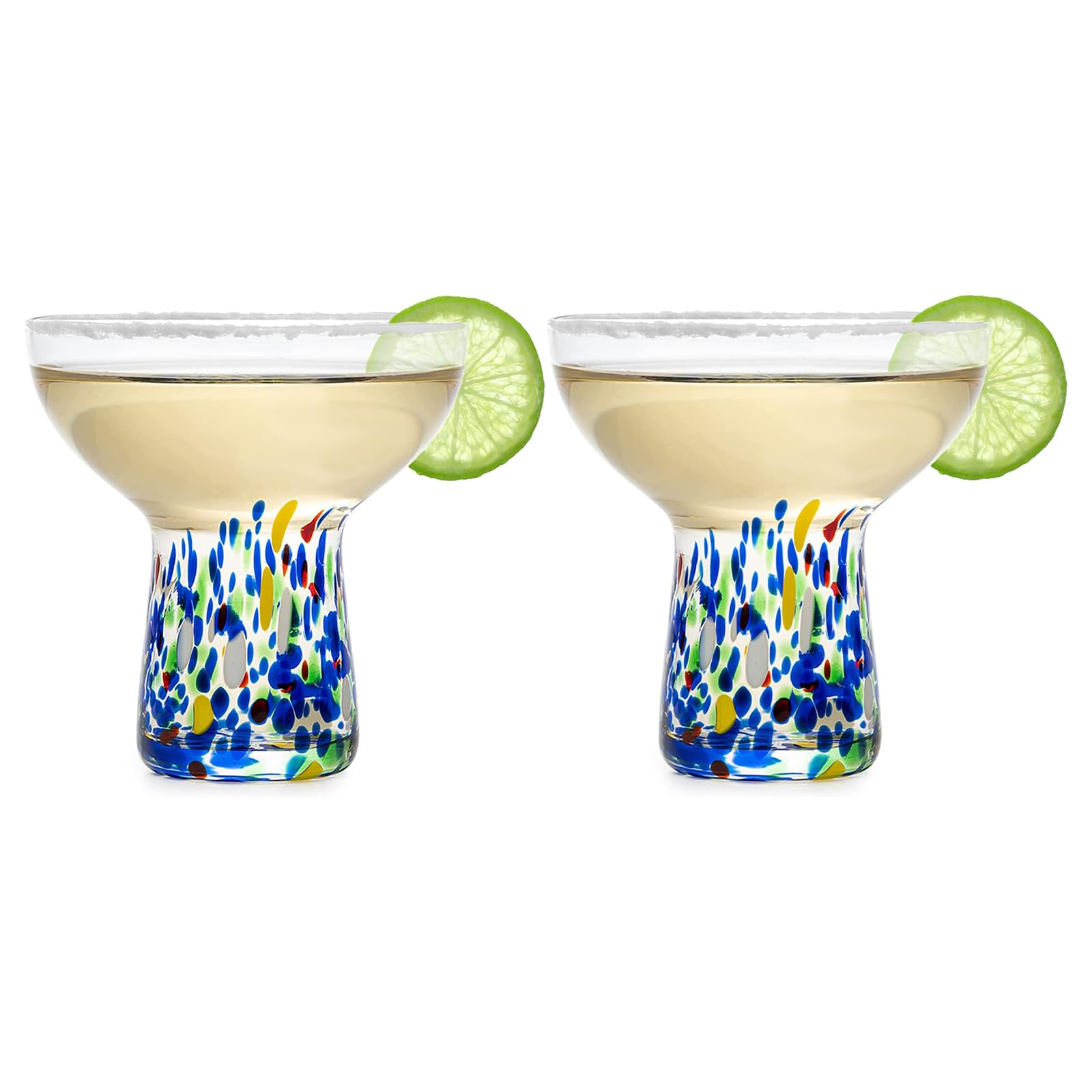 Large Stemless Margarita Glasses – Set of 2-14oz Luxury Hand Blown Confetti Margaritas, Martini, Cocktails, Water, Wine, Dessert & Champagne Glasses Cinco de Mayo, Hand Blown - Mexican Confetti Glass