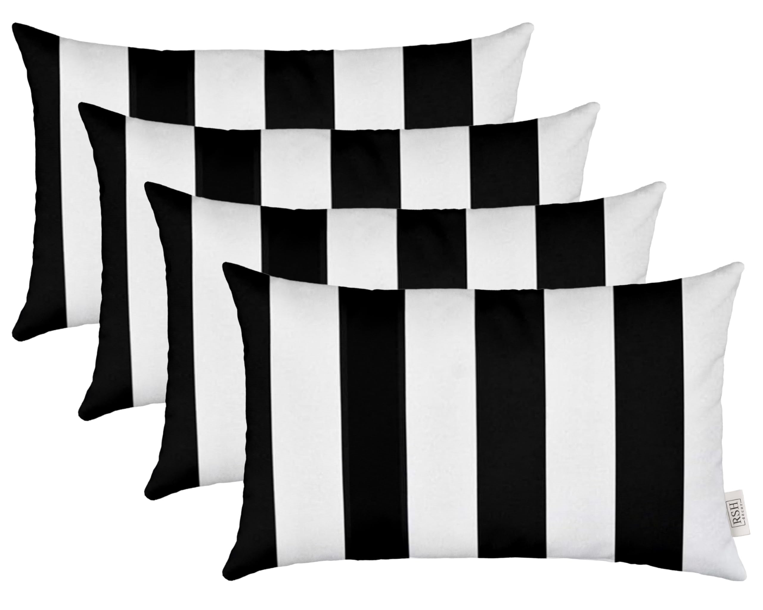 RSH DECOR: Lumbar Throw Pillows Set of 4 | 20” x 12" | All-Weather Spun Fabric | Water and Fade-Resistant | Outdoor Support Pillows for Patio Furniture | Black & White Stripe