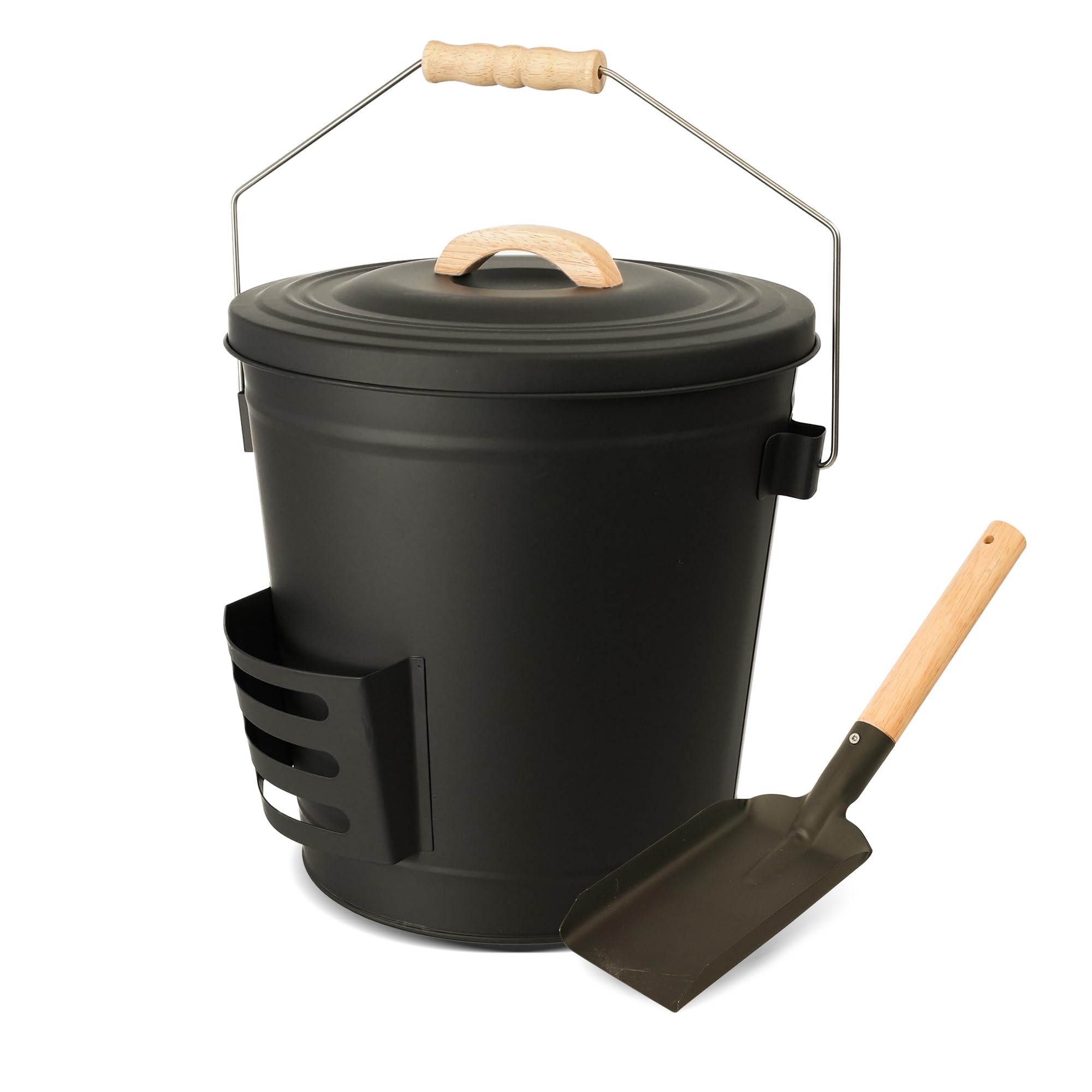 Heavy-Duty Fireplace Ash Bucket with Lid, Handle and Shovel, Large Metal Coal Hod for Wood Stoves, Fireplaces, and Outdoor Fire Pits, Heat-Resistant 10x10x13 Inches (5.2 Gallon)