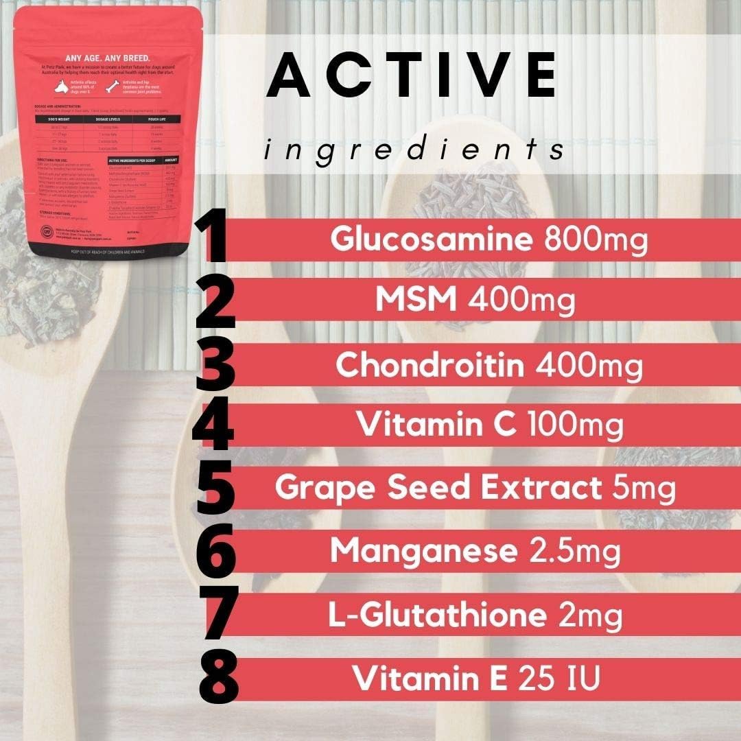 Petz Park Glucosamine for Dogs - Hip & Joint Support Powder with Chondroitin & MSM - Arthritis Pain Relief, Hip Dysplasia Treatment - 800mg Glucosamine - 45 Scoops