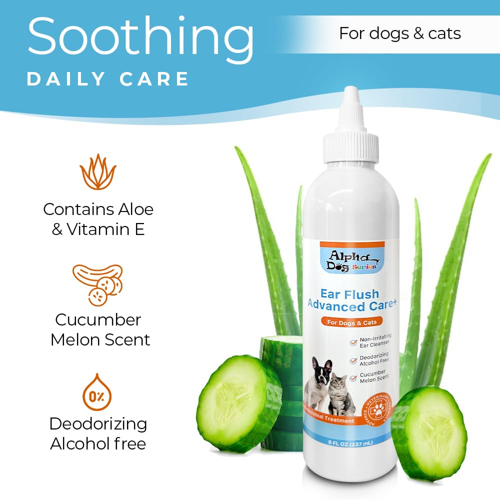 ALPHA DOG SERIES Advanced Ear Cleaner, Soothing Otic Solution (8 oz) – Reduces Itching, Odor & Wax Buildup – Safe for Dogs & Cats – W/Aloe & Vitamin E