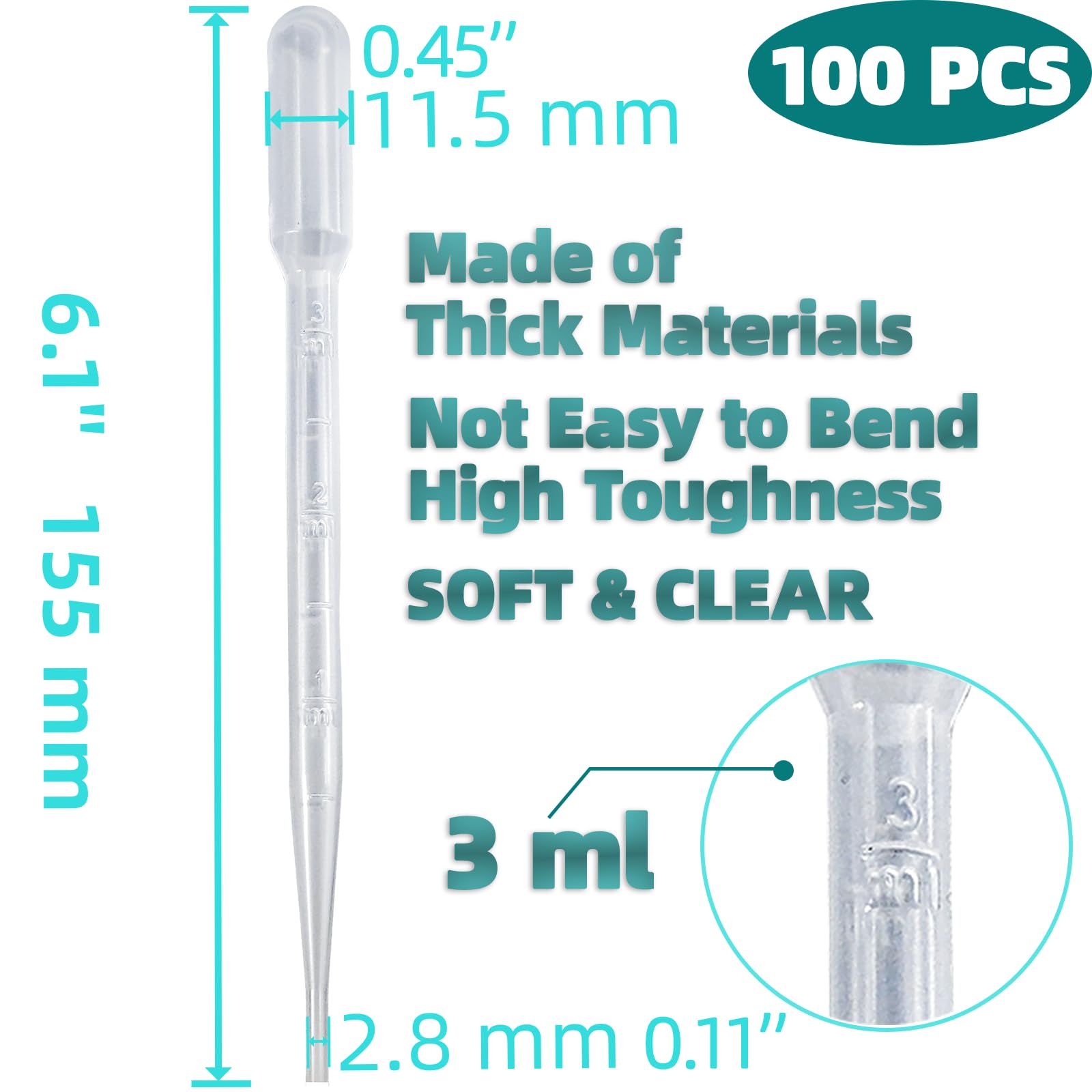 Zkupanx 100 PCS 3ML Pipette Dropper - Disposable Plastic Dropper Pipette for Accurate Liquid Transfer, Excellent Suction, Pipettes for Essential Oils, Resin, Crafts, Labs, Kids Activities, DIY Art