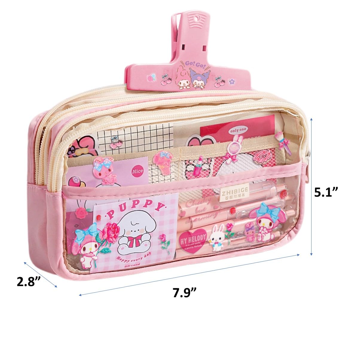 etnoreun Kawaii Cute Clear Pencil Case with Free Stickers Pen Pouch Spacious Multiple Compartments (Pink)