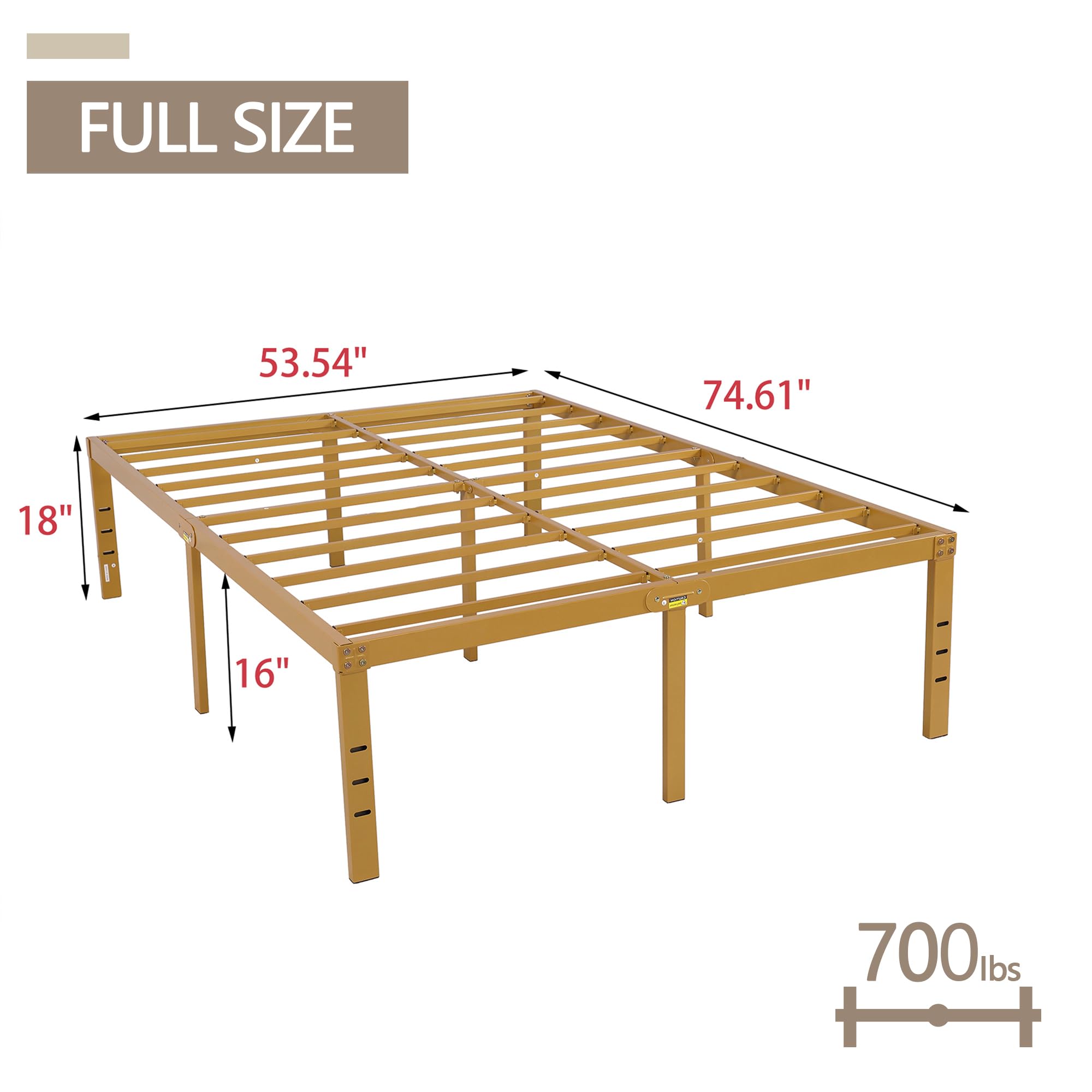 WJORATA 18 Inch Full Bed Frame Metal Platform No Box Spring Needed Noise-Free Easy Assembly Gold