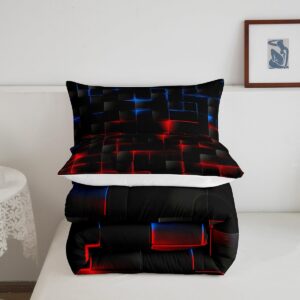 Feelyou Red Blue and Black Comforter Set Full Size Kids Light Geometric Comforter for Boys Teens Geometry Bedding Set Modern Style Duvet Set Room Decor Quilt Set