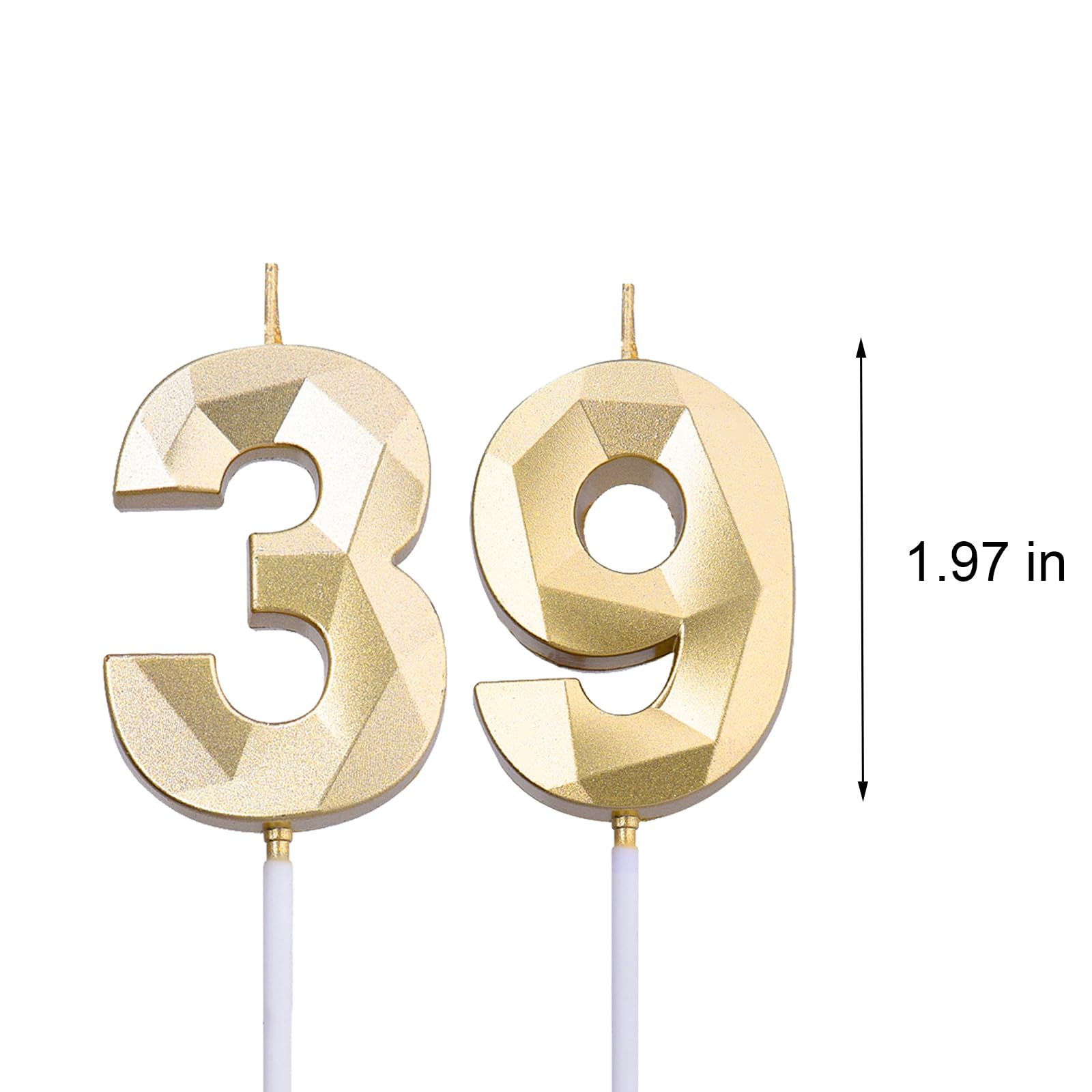 2 inch Gold 39 Birthday Candles, 3D Diamond Number 39th Cake Topper for Boys Girls Birthday Party Decorations Theme Party