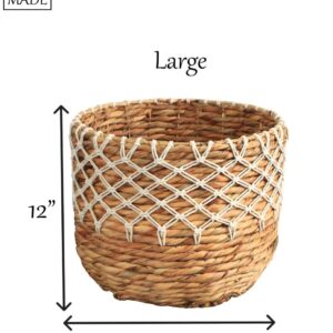 Eden Grace Handwoven Wicker Baskets, Twisted Weave with Macrame Accent - Round, Artisan Craftsmanship for Stylish Organization 1-Large