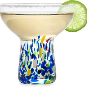 Large Stemless Margarita Glasses – Set of 2-14oz Luxury Hand Blown Confetti Margaritas, Martini, Cocktails, Water, Wine, Dessert & Champagne Glasses Cinco de Mayo, Hand Blown - Mexican Confetti Glass