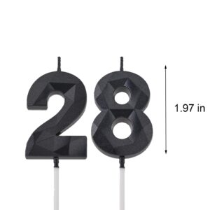 2 inch Black 28 Birthday Candles, 3D Diamond Number 28th Cake Topper for Boys Girls Birthday Party Decorations Theme Party