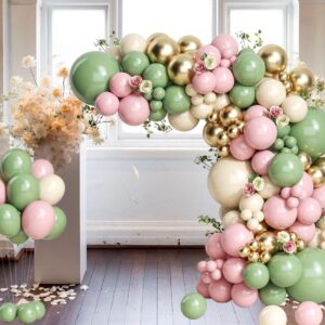 Pink and Green Balloons Garland Arch Kit-139pcs Sage Green Pink White Sand Chrome Gold Balloons for Girls Birthday Jungle Safari Baby Shower Bridal Shower Woodland Party Decorations