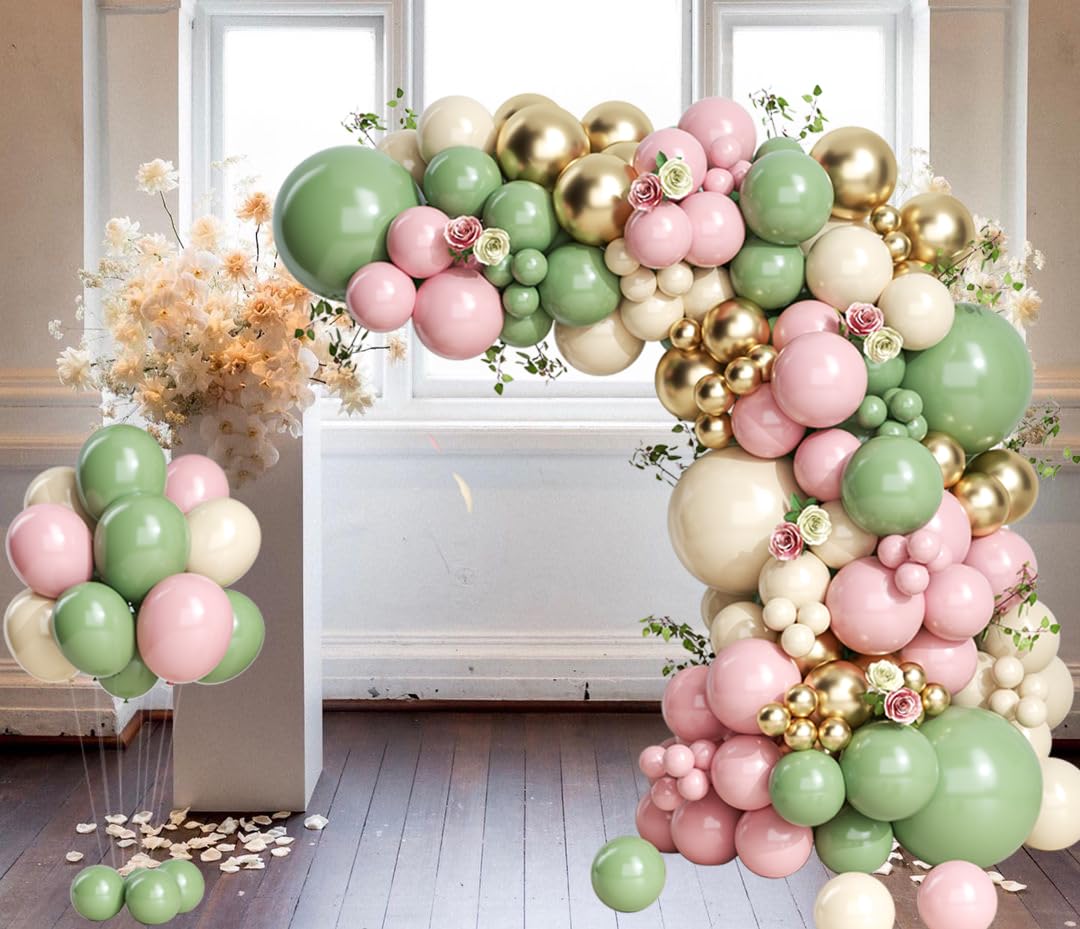 Pink and Green Balloons Garland Arch Kit-139pcs Sage Green Pink White Sand Chrome Gold Balloons for Girls Birthday Jungle Safari Baby Shower Bridal Shower Woodland Party Decorations