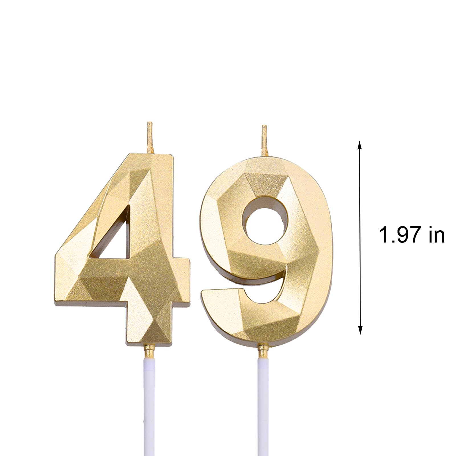 2 inch Gold 49 Birthday Candles, 3D Diamond Number 49th Cake Topper for Boys Girls Birthday Party Decorations Theme Party