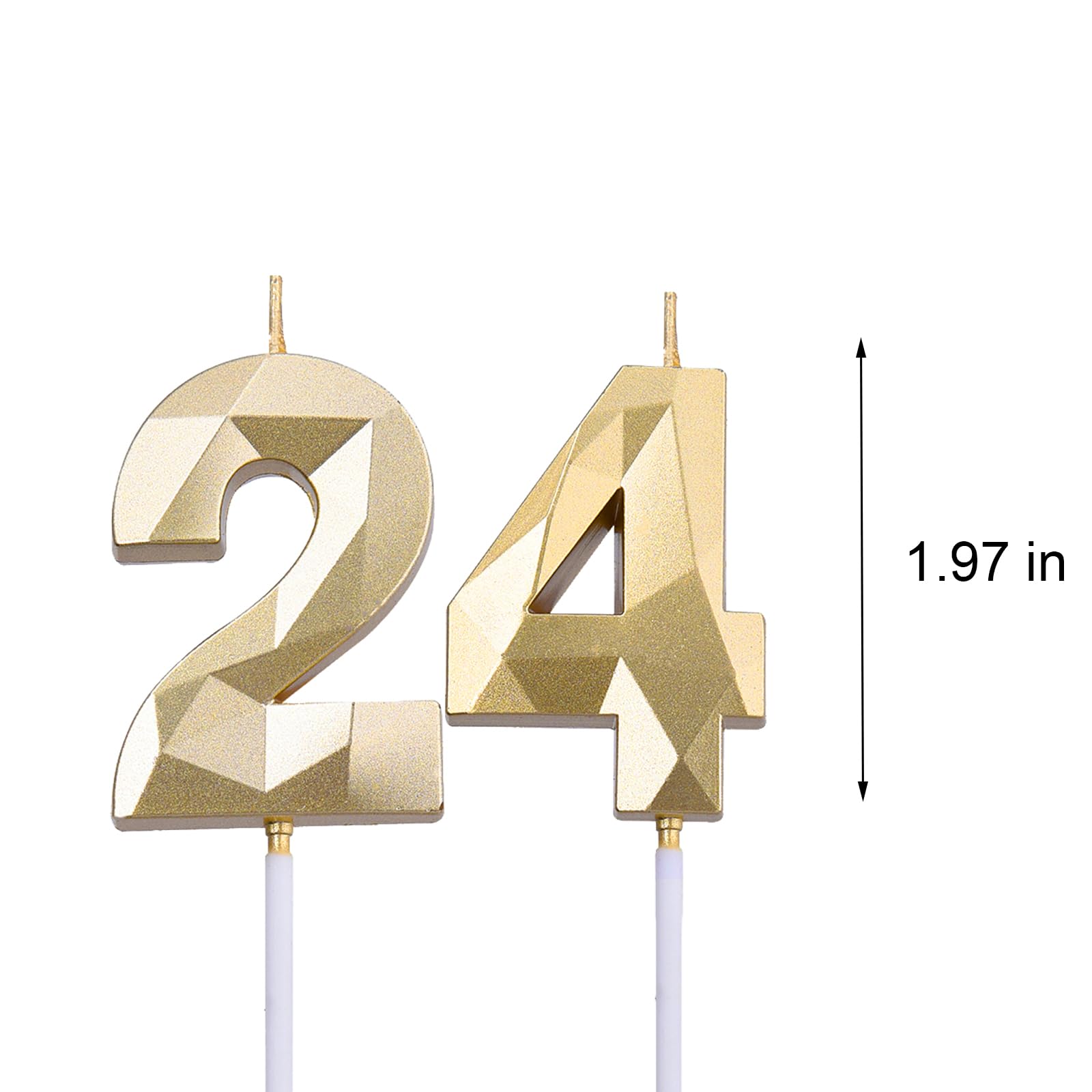 2 inch Gold 24 Birthday Candles, 3D Diamond Number 24th Cake Topper for Boys Girls Birthday Party Decorations Theme Party