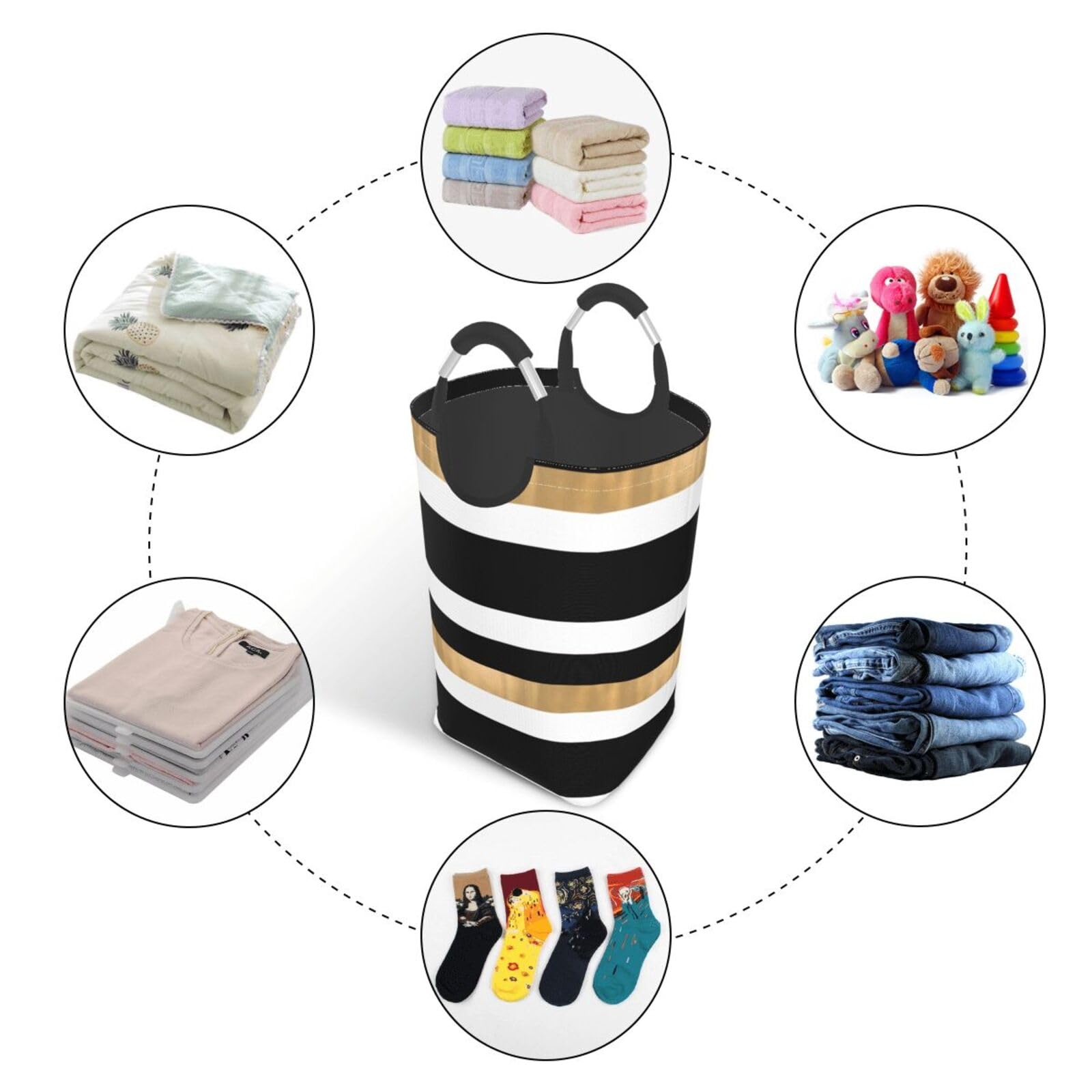 Large Laundry Hamper Bag, Modern Black White and Gold Striped Laundry Basket Collapsible Dirty Clothes Storage Washing Bin for Bathroom, Dorm Essentials