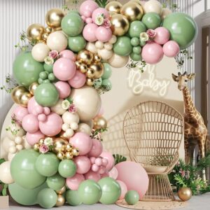 Pink and Green Balloons Garland Arch Kit-139pcs Sage Green Pink White Sand Chrome Gold Balloons for Girls Birthday Jungle Safari Baby Shower Bridal Shower Woodland Party Decorations