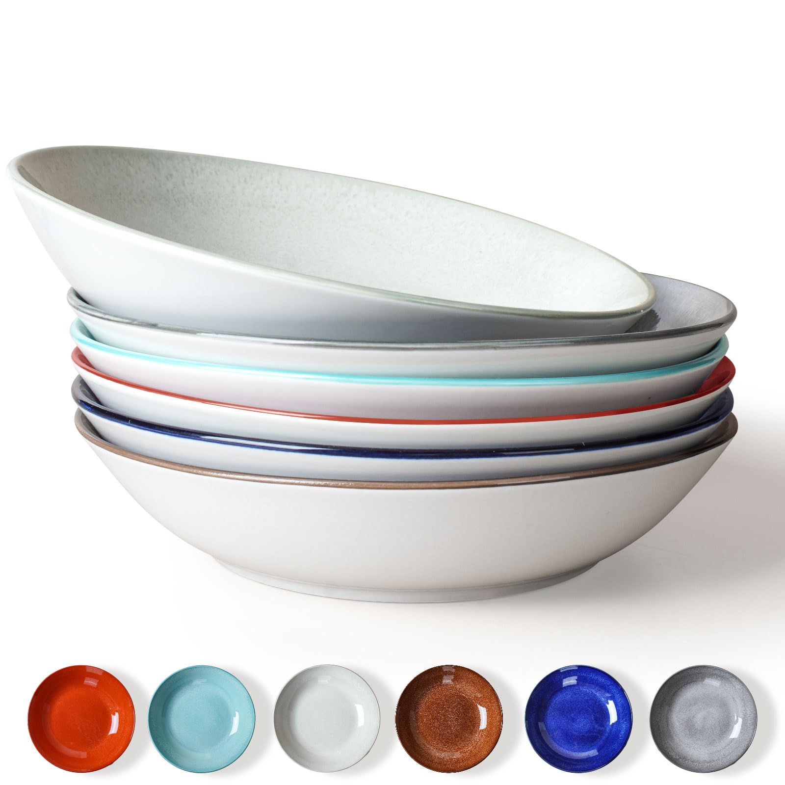 Wareland Pasta Bowls Set of 6, 25 Ounce Ceramic Salad Bowls, 7.85 Inch Dinner Plates, Serving Bowls for Party, Plates and Bowls Sets, Shallow Soup Bowls, Microwave Dishwasher Safe, Multicolored