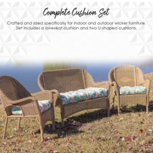 RSH Décor: 3 Piece Tufted Wicker Settee and Chair Cushion Set | Indoor/Outdoor All Weather Polyester Pattern Fabric | Reversible | 1 Loveseat 41”x19 & 2 U-Shape Cushions 19"x19" | Blue Tan Crab