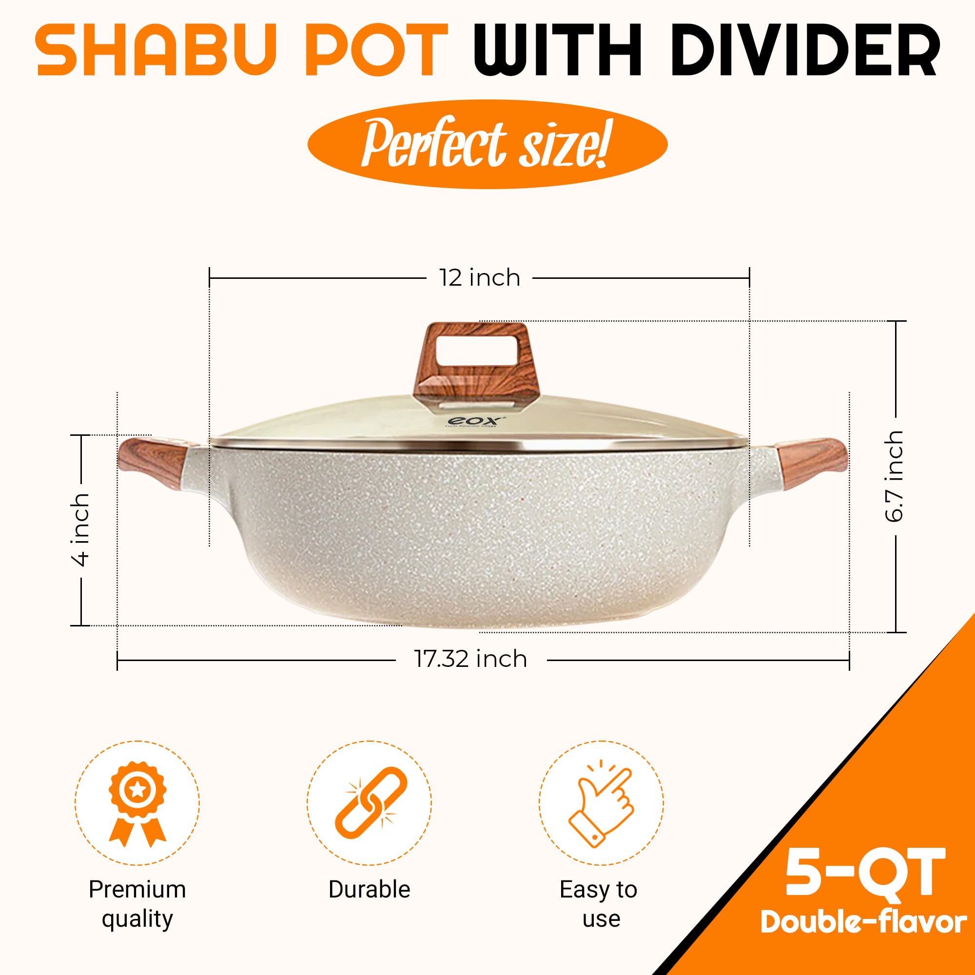 Generic 5-QT Double-flavor Multi-Functional Hot Pot Divider for Dual Broth Cooking - Dual-Sided 12 Inch Shabu Shabu Pot for Electric Induction, Gas Stove, Cooktop, Grill, Large, Beige