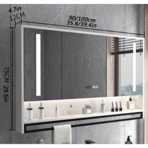 Medicine cabinet with HD mirror，bathroom mirror with anti fog，Modern Smart medicine cabinet mirror with LED lights，bathroom storage organizer Clock and Temper Display，With towel bar，Touch Switch ( Col