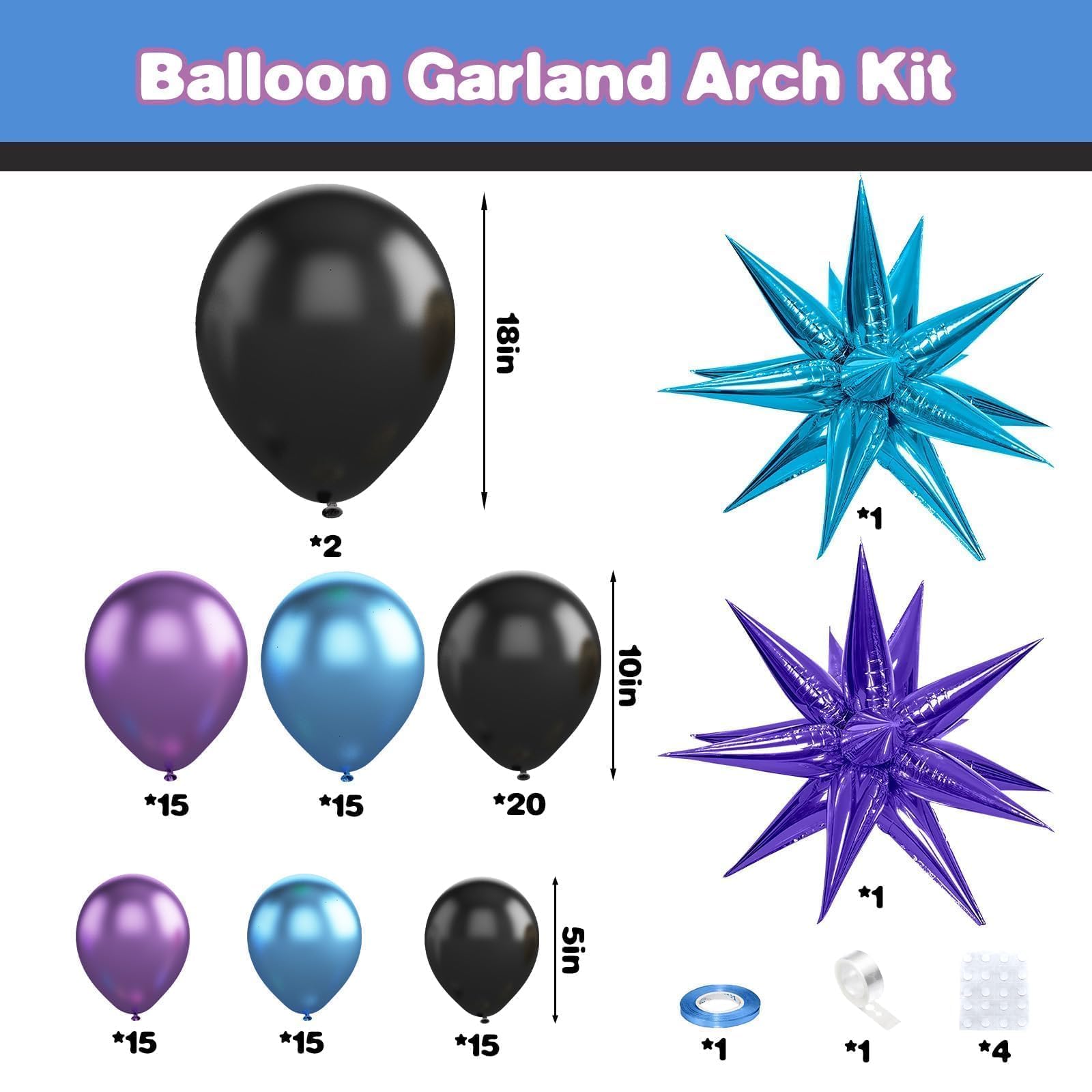 Black Purple Blue Balloon Arch Kit, Metallic Purple Blue Balloons Garland Kit with Star Balloons for Kids Video Game Party Decoration Baby Shower Engagement Party Supplies