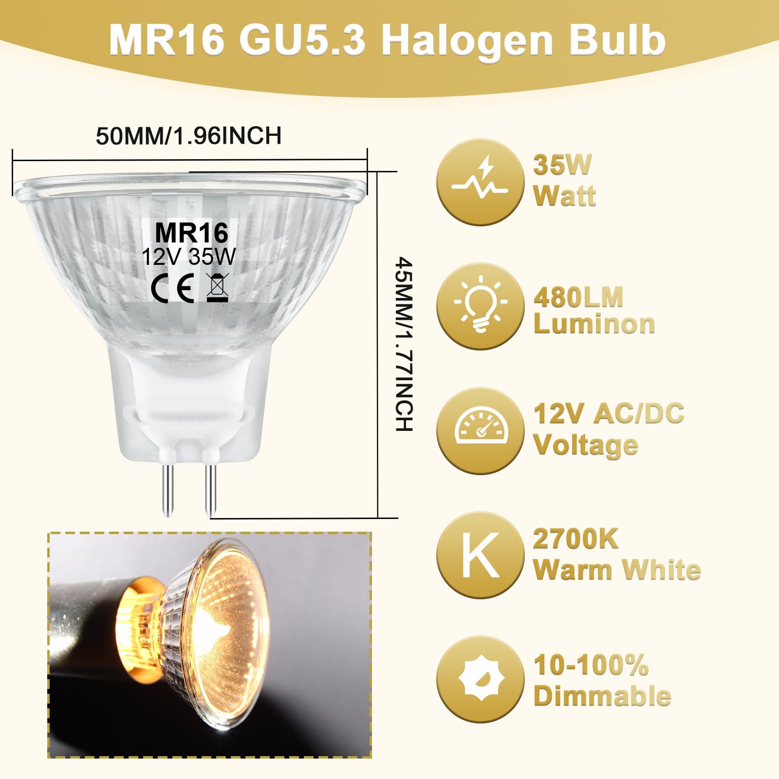 MR16 Halogen Bulb 35W 12V Halogen Light Bulbs 2 Pin GU5.3 Base Dimmable Spotlight with Clear Glass Cover for Landscape Lights, Track Lights, Desk Lamps, 2700K Warm White, 6 Pack