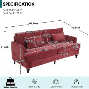 JOYBASE 70 inch Loveseat Sofa, Mid-Century Modern Love Seat Couch with Wood Legs, Upholstered Comfy Sofa for Living Room, Apartment, Office, Bedroom (Wine Red, Chenille)