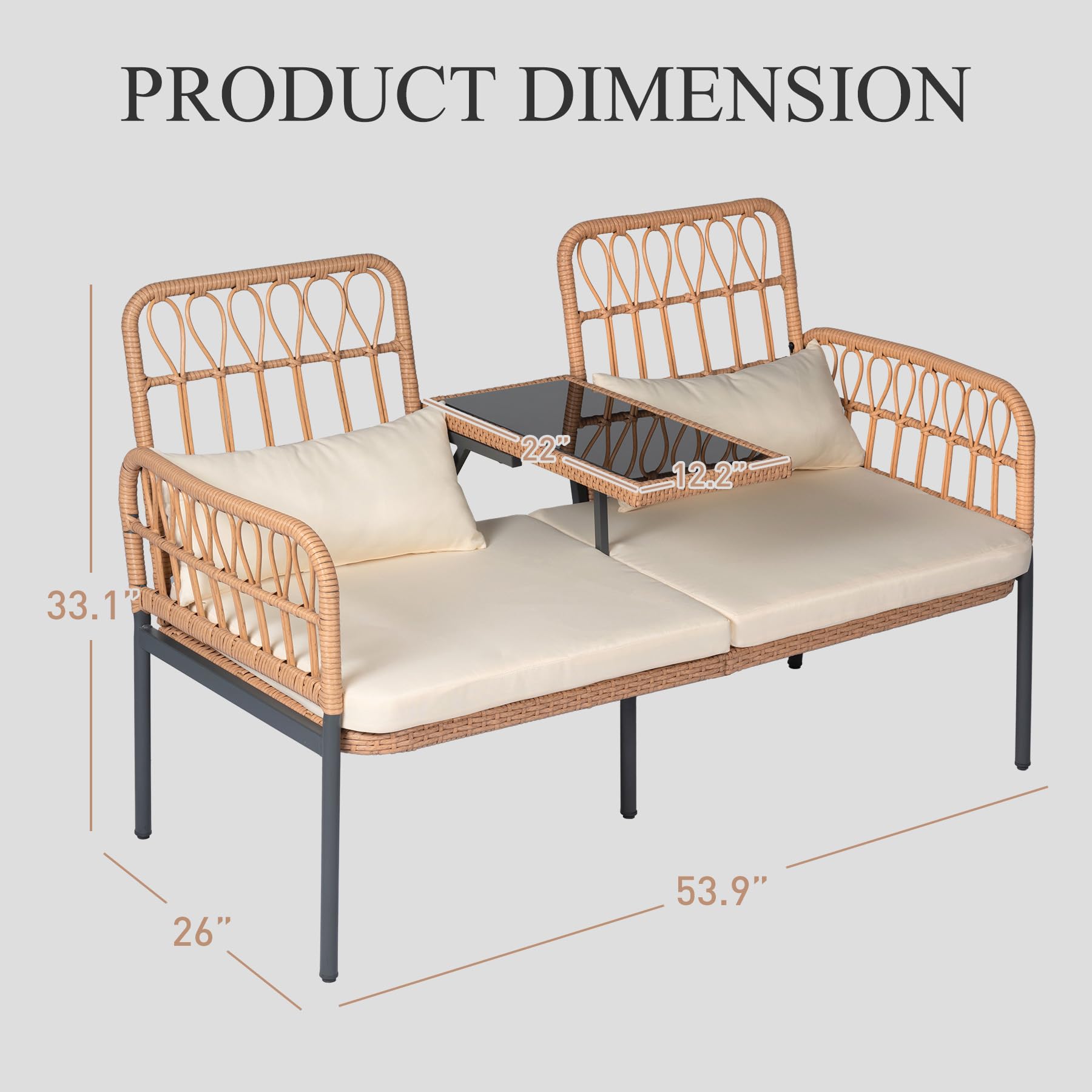 PROHIKER Patio Furniture Outdoor Rattan Loveseat 2-Seat with Built-in Table, Lumbar Pillows and Cushions, All-Weather Wicker Loveseat Porch Chairs for Balcony, Lawn, Backyard