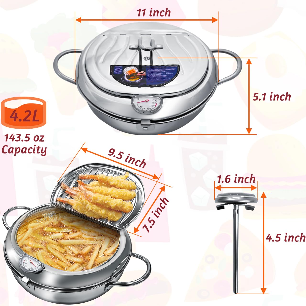 Deep Fryer Pot, 4.4Qt /11 Inch Japanese Style Small Deep Fryer 304 Stainless Steel, with Temperature Control and Oil Drip Drainer Rack, Deep Frying Pot with Lid