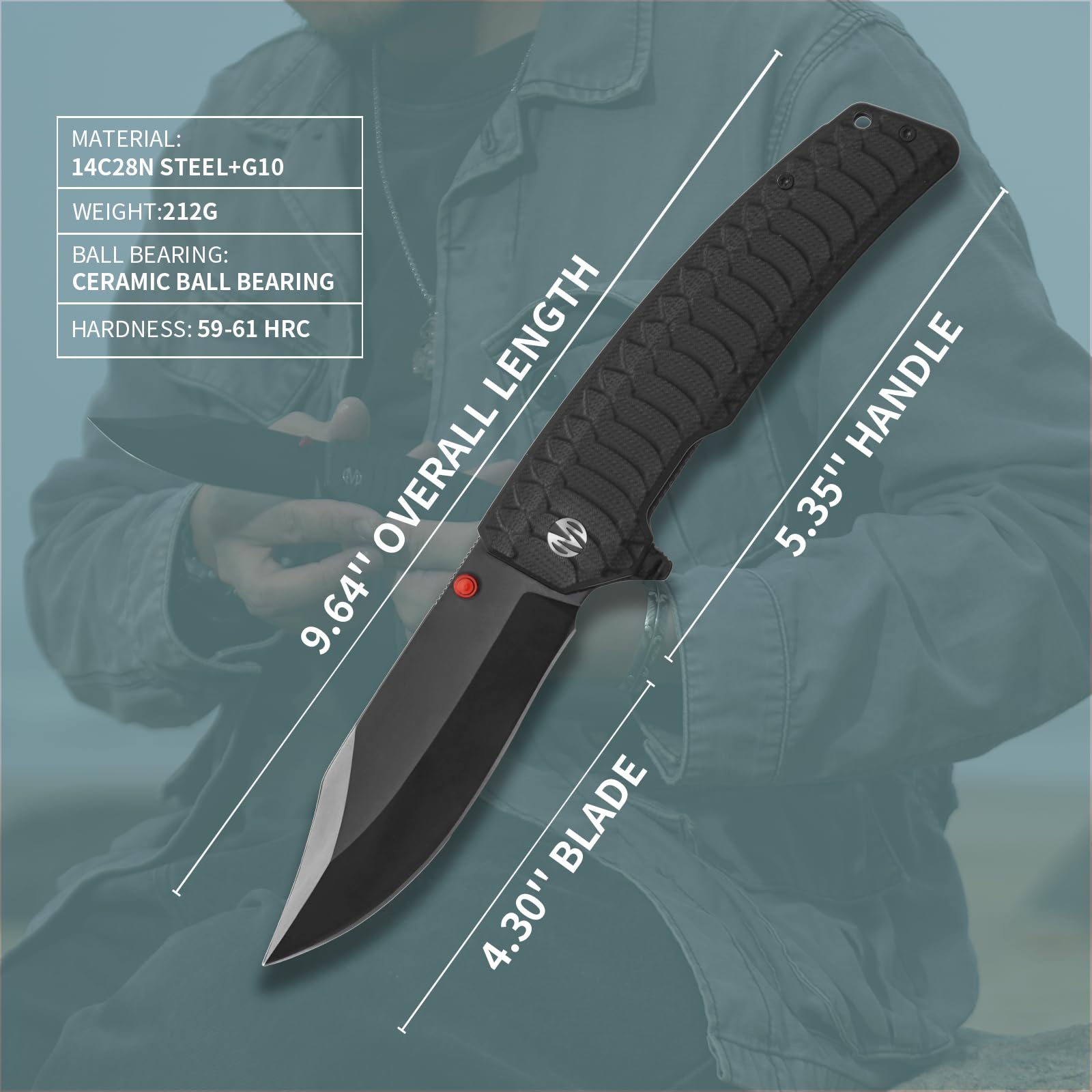 MOLSECT Jungle Pocket Folding Knife, Liner Lock EDC Knives 4.3" 14C28N Blade G10 Handle, Everyday Carry Knife with Clip for Outdoor Indoor Hiking Camping Fishing Hunting Work Men Women Gift