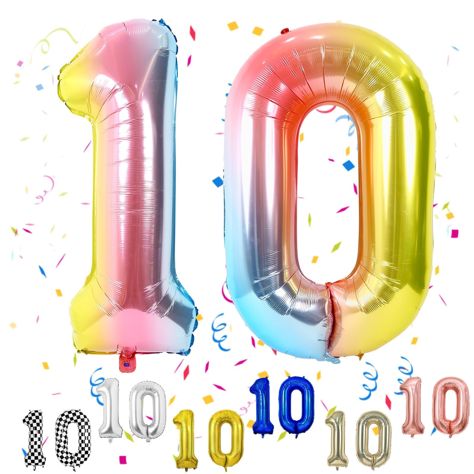 Rainbow Number 10 Balloons, 10th Birthday Balloon, 40inch Gradient 10 Balloon Numbers, Large Self Inflating Foil Balloon, 10th Birthday Decorations for Kids Birthday, 10 Anniversary Decorations