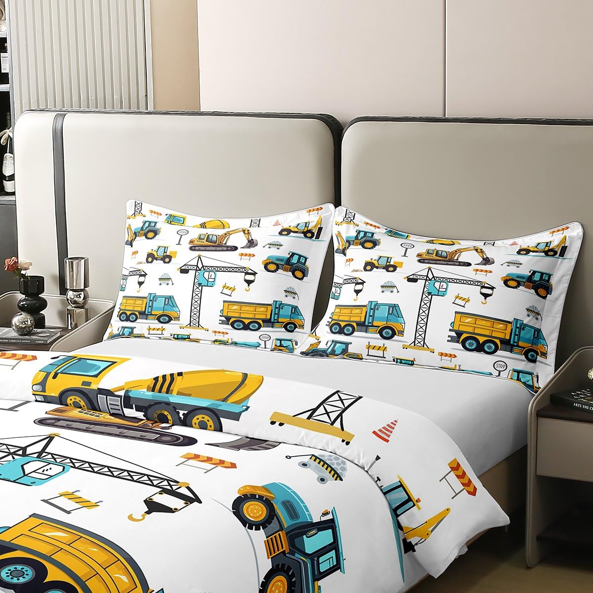 Erosebridal Kids Construction 100% Cotton Twin Bedding Sets for Boys,Excavator Trucks Comforter Cover Cartoon Tractor Car Vehicle Toddler Bed Set Yellow Blue (1 Duvet Cover and 1 Pillow Case)