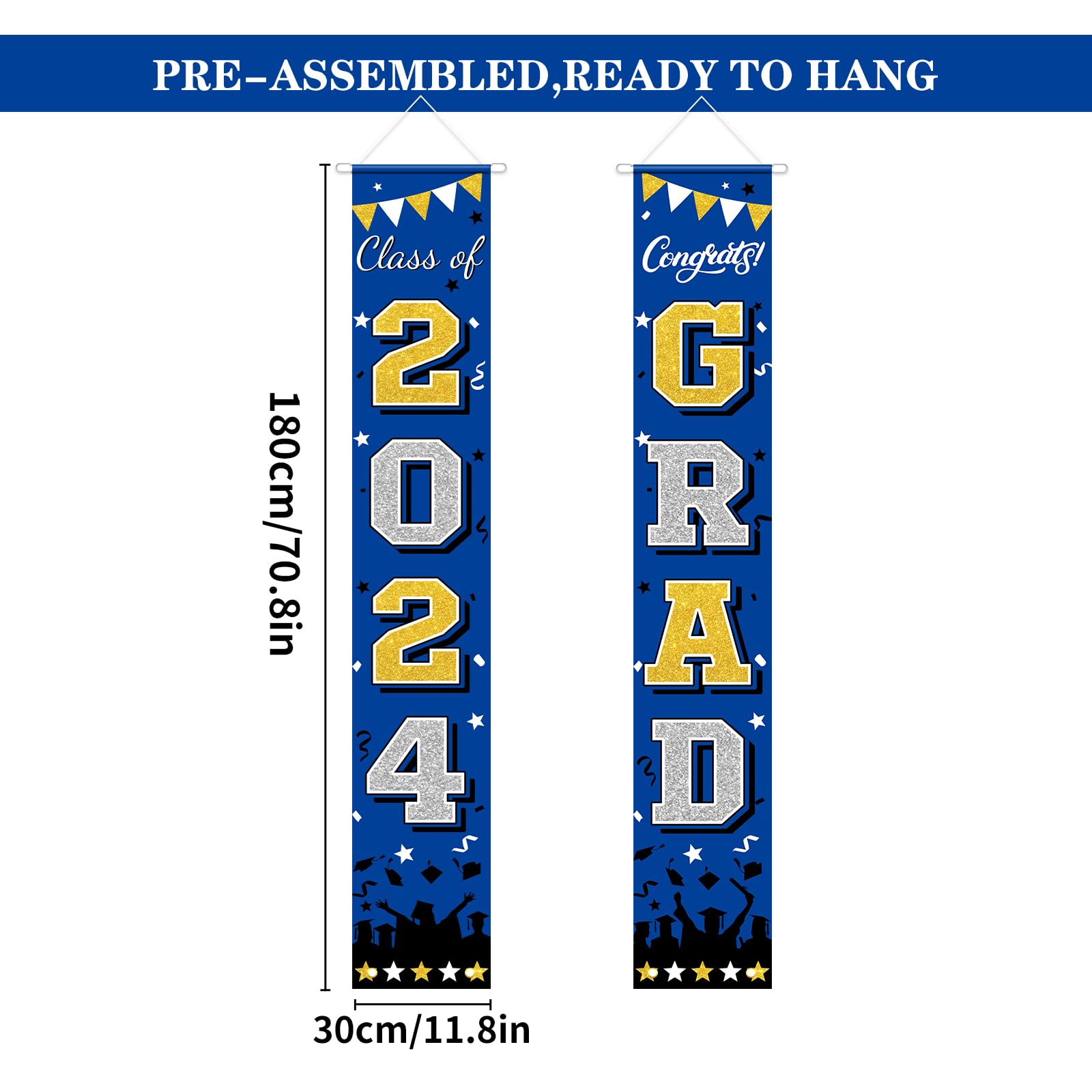 PlandRichW Graduation Banner Class of 2024, Large Blue & Gold Congrats Grad Porch Sign Doorway Welcome Graduation Decoration Celebration Supplies