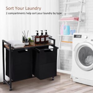 PioneerWorks Laundry Hamper, Laundry Basket Organizer Laundry Sorter with 2 Pull-Out and Removable Bags and Top Shelf, Dirty Clothes Hamper for Laundry Room Bathroom Bedroom and Dorm