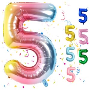 rainbow number 5 balloons, 5th birthday balloon, 40inch gradient 5 balloon numbers, large self inflating foil balloon, 5th birthday decorations for kids birthday party, 5 anniversary decorations