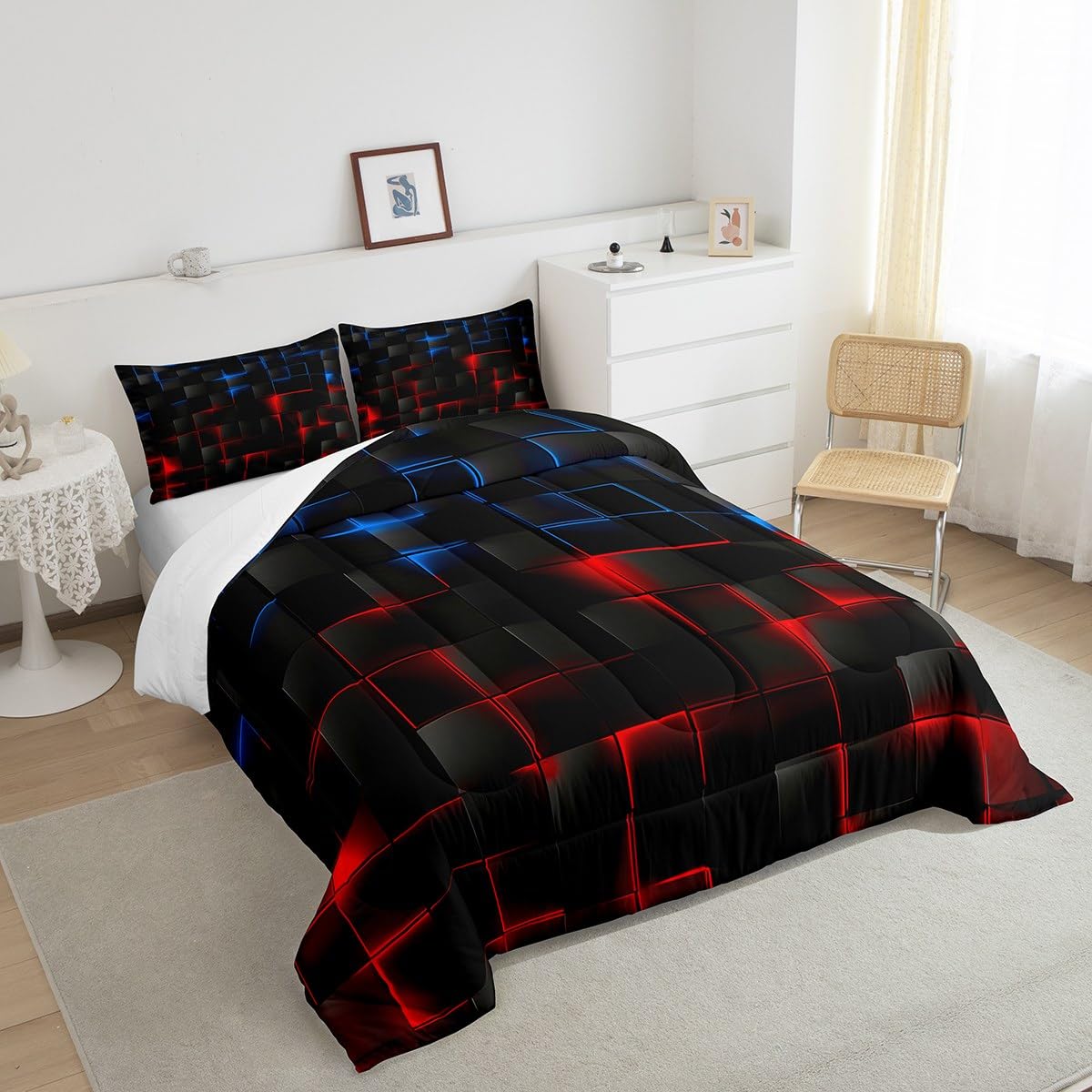 Feelyou Red Blue and Black Comforter Set Full Size Kids Light Geometric Comforter for Boys Teens Geometry Bedding Set Modern Style Duvet Set Room Decor Quilt Set