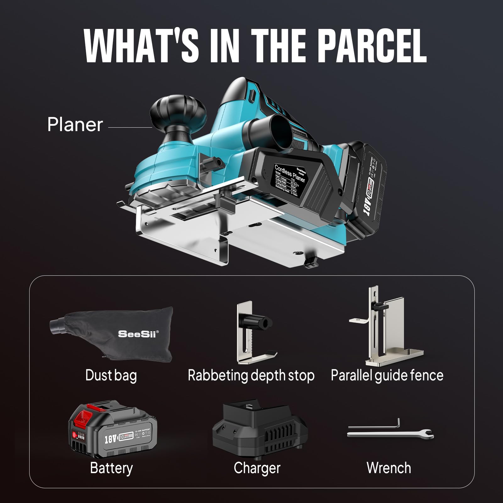 Seesii Cordless Hand Planer with 5.0Ah Battery, Adjustable 1/8-Inch Depth, Brushless Motor – Powerful Electric Hand Planer for Wood