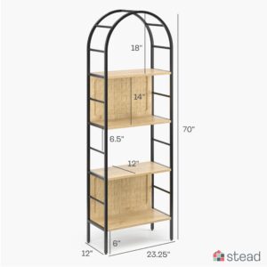 4 Tiered Arched Bookshelf with Natural Rattan Backing - Modern Home Decor - Boho Rattan Bookshelf - Arched Bookcase - Wooden Open Arched Cabinet with Shelves - Metal and Wood Bookshelf (Light Oak)