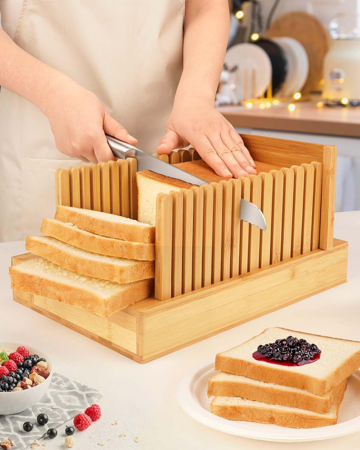 Lorzon Bamboo Bread Slicer with Bread Knife, Bread Cutting Guide with Storage Bag, Compact Bread Slicing Guide for Homemade Bread [Patent Pending]