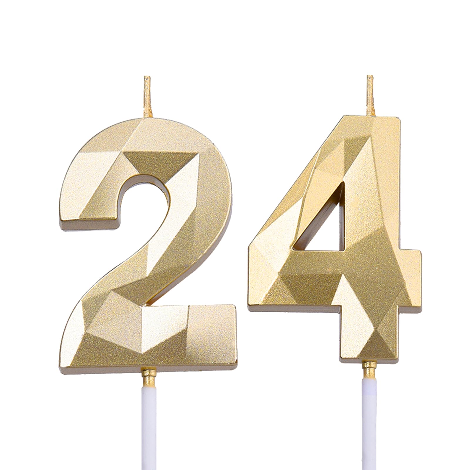 2 inch Gold 24 Birthday Candles, 3D Diamond Number 24th Cake Topper for Boys Girls Birthday Party Decorations Theme Party