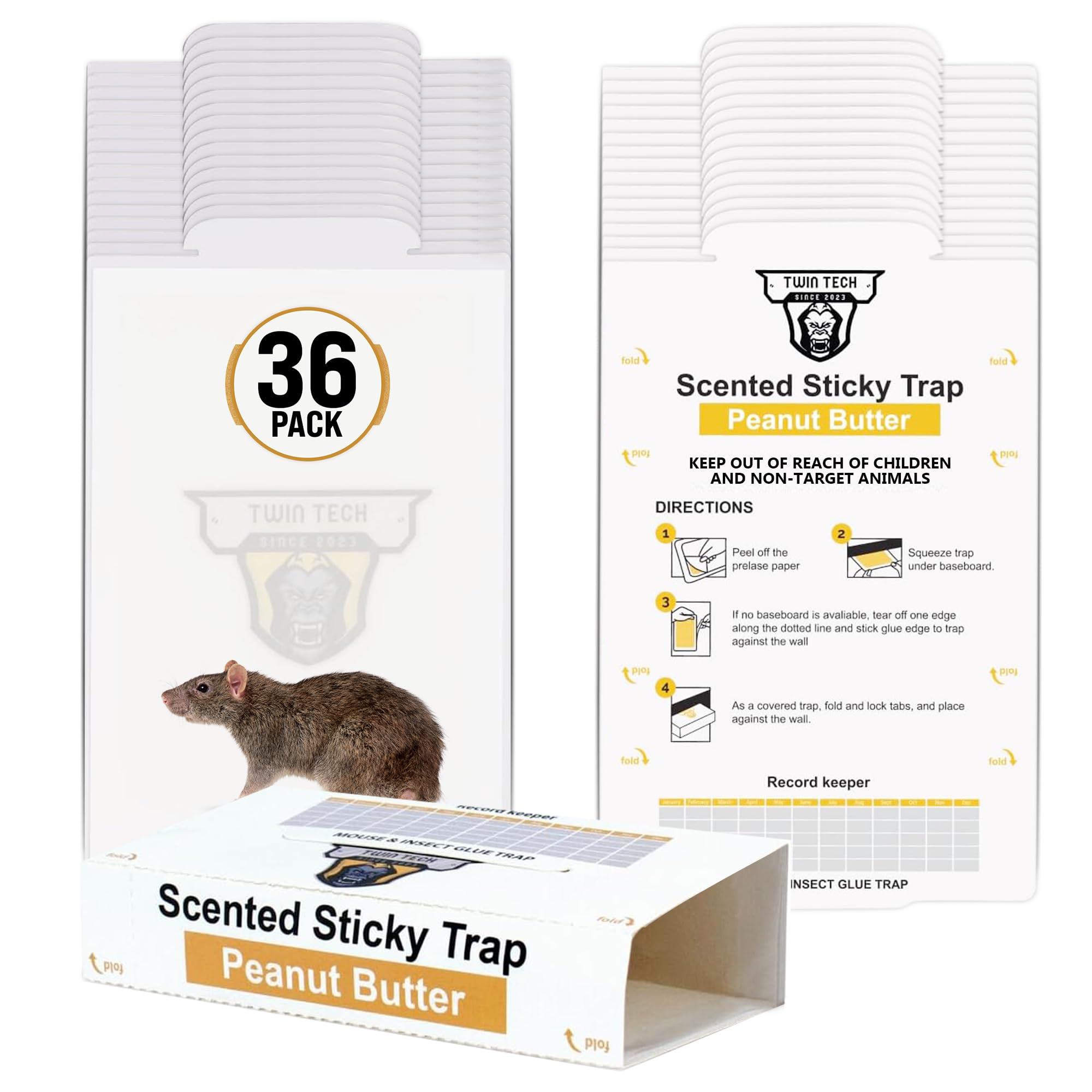 TwinTech Glue Traps for Mice - 36-Pack Pre-Baited Glue Boards for Mice - Extra Strength Sticky Mouse Traps Indoor for Home - Mice Glue Traps - Peanut Butter Scented Bug Glue Pads, Glue Mouse Traps