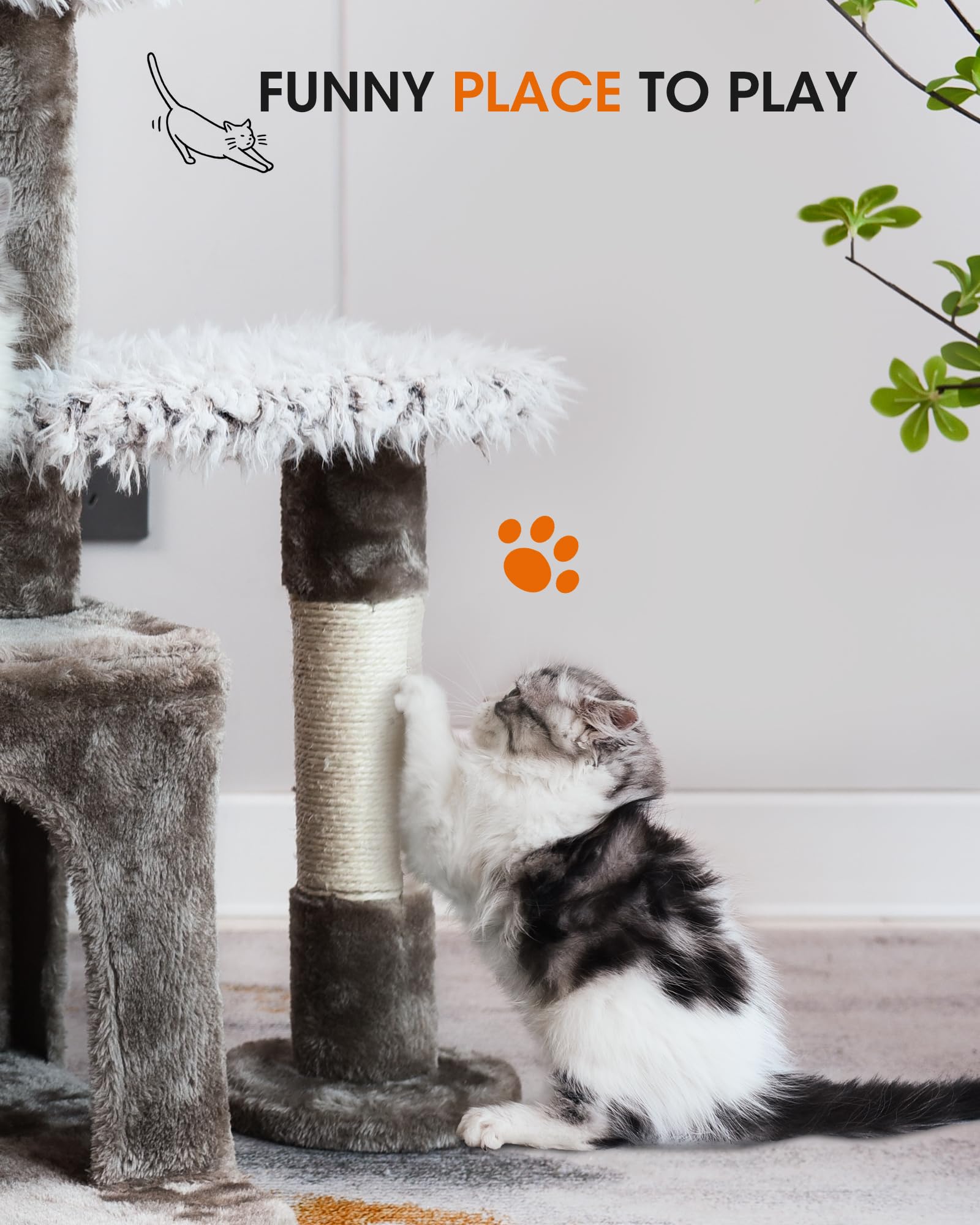 Cat Tree-Cat Tower Multi-Level Interactive 26.8 Inch Small Cat Tree Tower with Scratching Post for Climbing, Resting, and Claw Sharpening Sturdy Cat Furniture-White & Gray