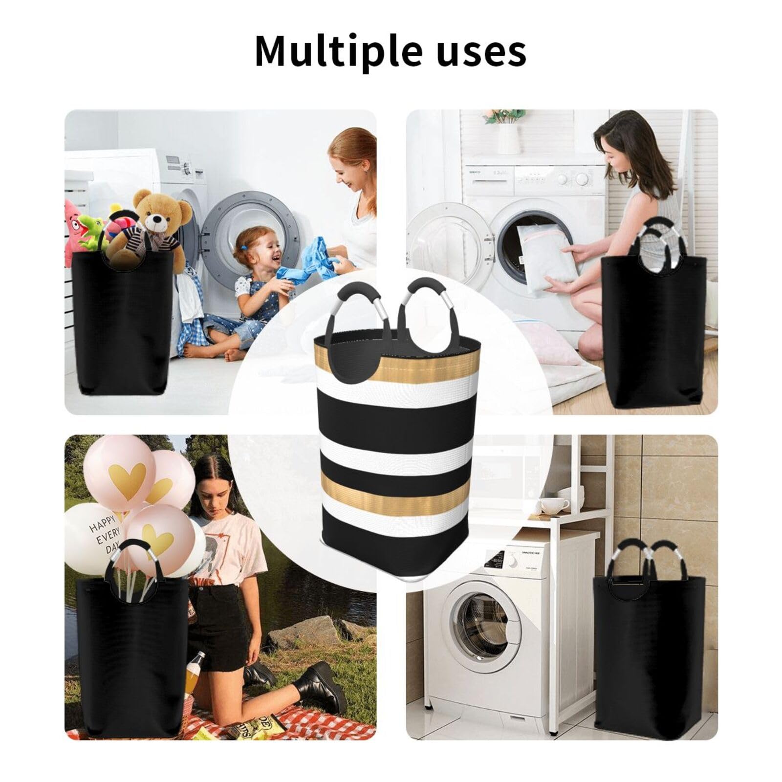 Large Laundry Hamper Bag, Modern Black White and Gold Striped Laundry Basket Collapsible Dirty Clothes Storage Washing Bin for Bathroom, Dorm Essentials