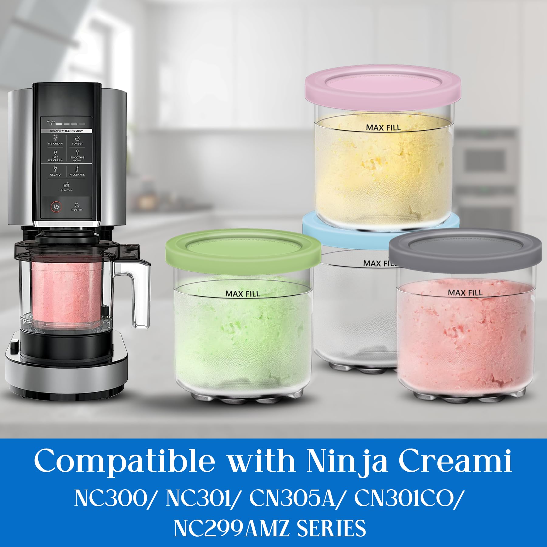 Creami Pints and Lids for Ninja - 4 pack Creamy Icecream Containers Cups Jars Tubs Canisters Set, Smoothie Pot Compatible with NC299AMZ & NC300s Series Creamer Ice Cream Maker Machine Accessories