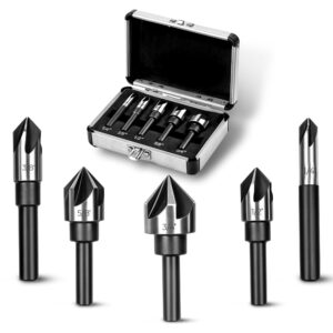 av steel countersink drill bit set, countersink bit, hss4241 counter sink, 82 degree countersink 1/4'' 3/8'' 1/2'' 5/8'' 3/4'', 5 flute pcs for wood, plywood, plastic, mild steel with aluminum case