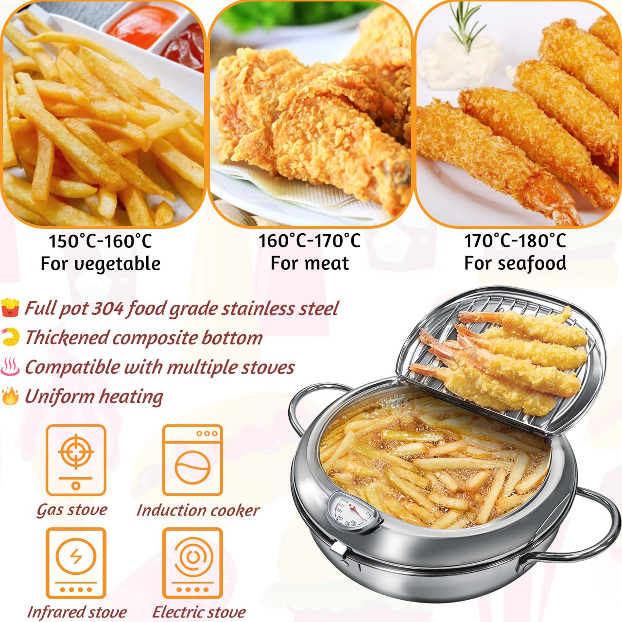 Deep Fryer Pot, 4.4Qt /11 Inch Japanese Style Small Deep Fryer 304 Stainless Steel, with Temperature Control and Oil Drip Drainer Rack, Deep Frying Pot with Lid