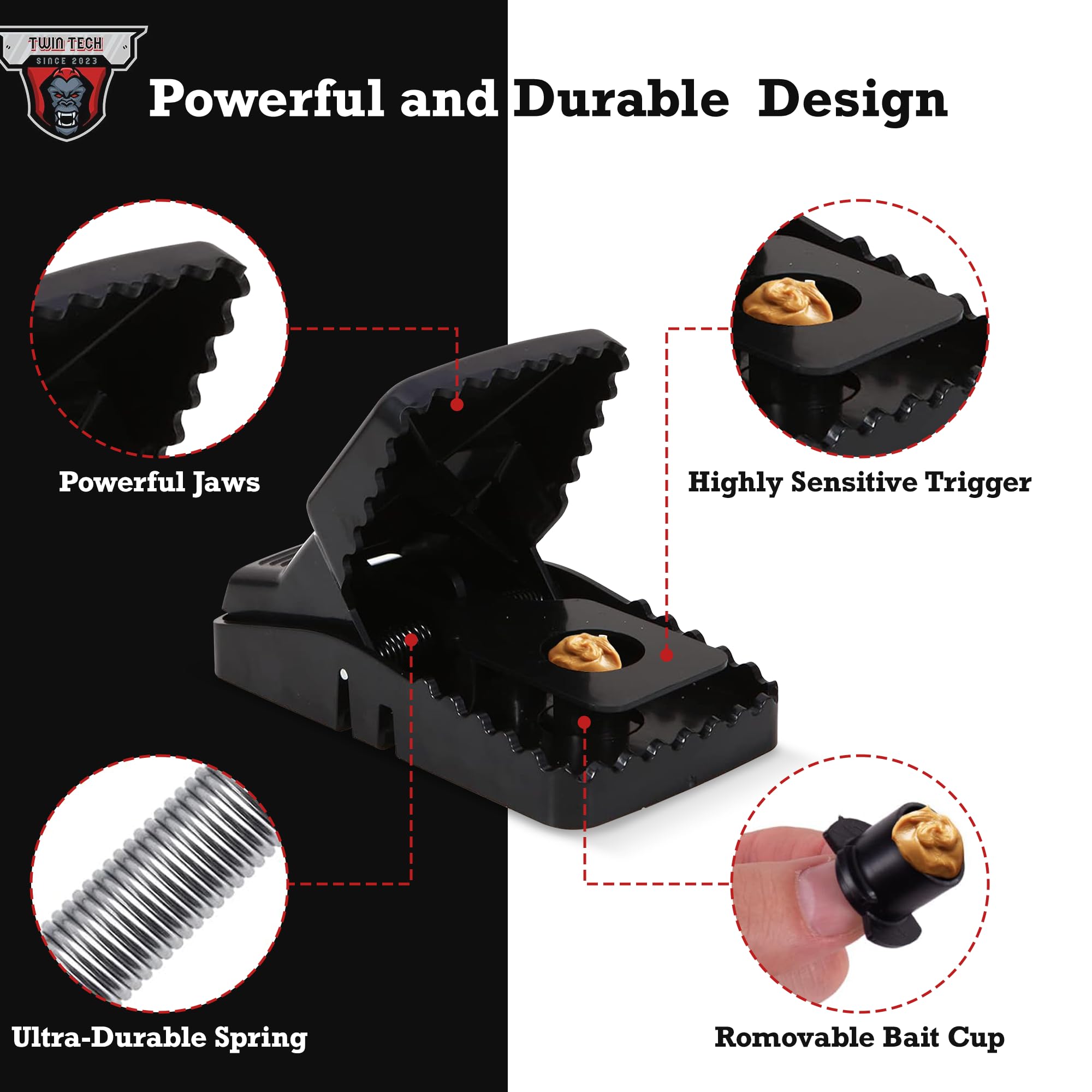 TwinTech Jaws Mouse Traps - Reusable, Sanitary, Easy-to-Use Trap for Mice and Small Rodents in Home, Kitchen, Garage, and Office Use - 4"x1.9"x2.3" - 6 Pack